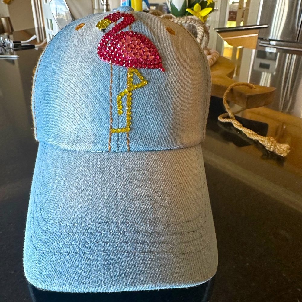 Something Special Hats- Pink Flamingo Design on Blue Jean Cap.